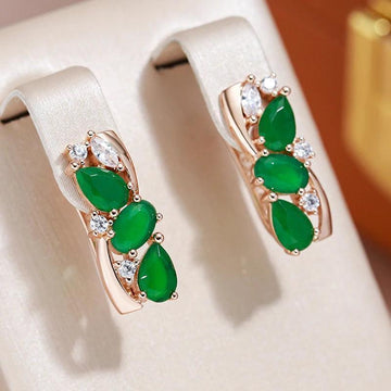 Fabulous Vintage Style Hollow Glossy Rolled 14K Rose Gold AAA Emerald Green Zircon Crystals Drop Earrings